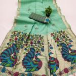 Staring Turquoise Pure Munga Cotton Silk Saree With Precious Blouse Piece