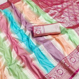 Petrichor Multicolor Soft Banarasi Silk Saree With Preferable Blouse Piece