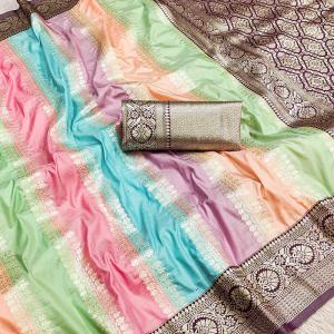 Smashing Multicolor Soft Banarasi Silk Saree With Sizzling Blouse Piece