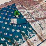 Embellished Rama Soft Banarasi Silk Saree With Ephemeral Blouse Piece