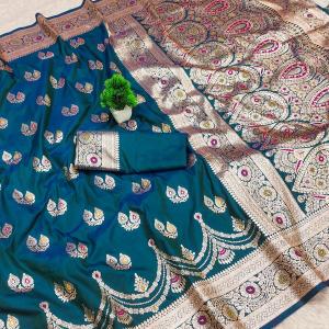 Embellished Rama Soft Banarasi Silk Saree With Ephemeral Blouse Piece