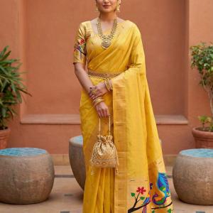 Wonderful Yellow Paithani Silk Saree With Serendipity Blouse Piece