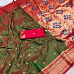 Staring Green Paithani Silk Saree With Groovy Blouse Piece
