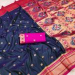 Pleasurable Navy Blue Paithani Silk Saree With Captivating Blouse Piece