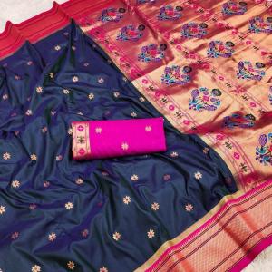 Pleasurable Navy Blue Paithani Silk Saree With Captivating Blouse Piece