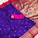 Ethnic Royal Blue Paithani Silk Saree With Conflate Blouse Piece