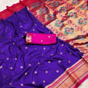 Ethnic Royal Blue Paithani Silk Saree With Conflate Blouse Piece