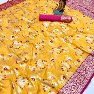 Fantabulous Yellow Soft Banarasi Silk Saree With Epiphany Blouse Piece
