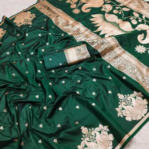 Outstanding Dark Green Soft Banarasi Satin Silk Saree With Appealing Blouse