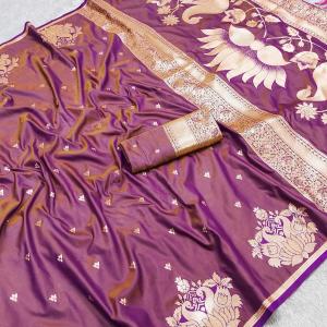 Skinny Lavender Soft Banarasi Satin Silk Saree With Jazzy Blouse