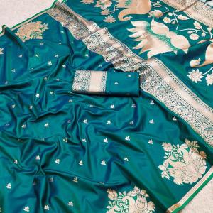 Impressive Rama Soft Banarasi Satin Silk Saree With Fairytale Blouse
