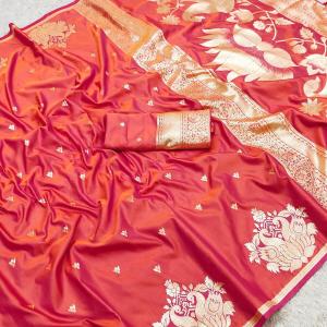 Embrocation Red Soft Banarasi Satin Silk Saree With Scintillating Blouse