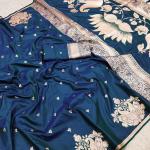Efflorescence Teal Blue Soft Banarasi Satin Silk Saree With Super extravagant Blouse