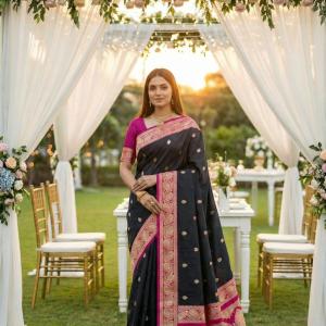 Ethnic Black Pure Zari Weaving Banarasi Silk Saree With Beguiling Blouse Piece