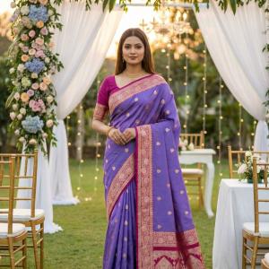 Grandiose Lavender Pure Zari Weaving Banarasi Silk Saree With Beauteous Blouse Piece