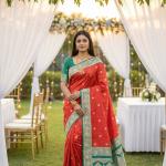 Embrocation Red Pure Zari Weaving Banarasi Silk Saree With Felicitous Blouse Piece