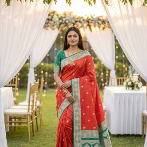 Embrocation Red Pure Zari Weaving Banarasi Silk Saree With Felicitous Blouse Piece
