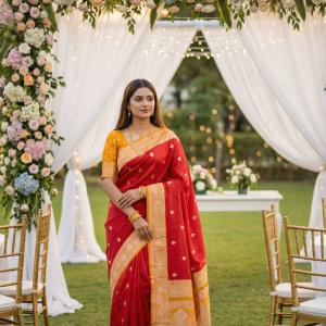 Pulsating Red Pure Zari Weaving Banarasi Silk Saree With Nectarous Blouse Piece