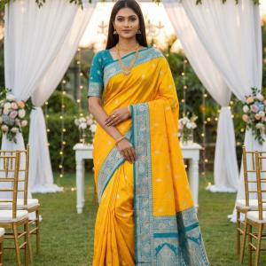 Jazzy Yellow Pure Zari Weaving Banarasi Silk Saree With Radiant Blouse Piece