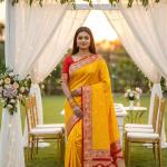 Stunner Yellow Pure Zari Weaving Banarasi Silk Saree With Pretty Blouse Piece