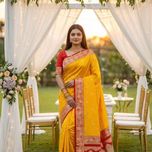 Stunner Yellow Pure Zari Weaving Banarasi Silk Saree With Pretty Blouse Piece
