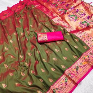 Symmetrical Green Paithani Silk Saree With Ephemeral Blouse Piece