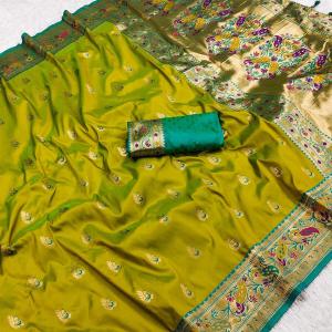 Ornate Mehndi Paithani Silk Saree With Extraordinary Blouse Piece