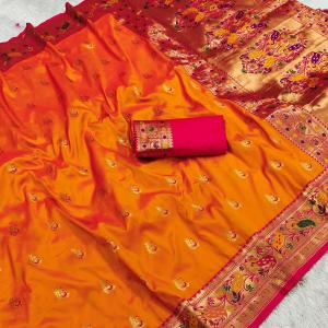 Mellifluous Orange Paithani Silk Saree With Quixotic Blouse Piece