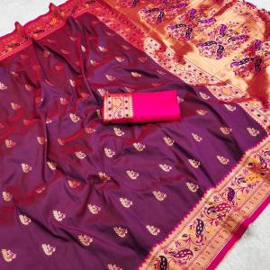 Nebula Purple Paithani Silk Saree With Ailurophile Blouse Piece