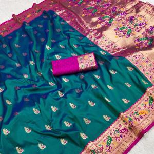 Ratatouille Rama Paithani Silk Saree With Entrancing Blouse Piece