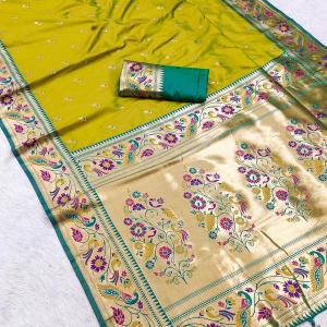 Vivacious Mehndi Paithani Silk Saree With Groovy Blouse Piece