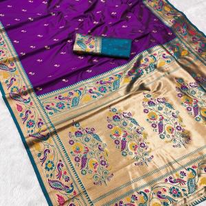 Traditional Purple Paithani Silk Saree With Effulgent Blouse Piece