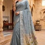 Efflorescence Grey Pure Munga Cotton Silk Saree With Redolent Blouse Piece