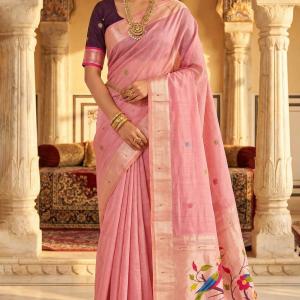 Stylish Baby Pink Munga Cotton Paithani Silk Saree With Surreptitious Blouse Piece