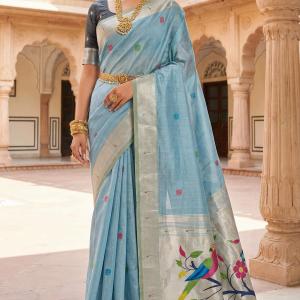 Panoply Sky Munga Cotton Paithani Silk Saree With Imbrication Blouse Piece