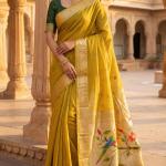 Majestic Yellow Munga Cotton Paithani Silk Saree With Grandiose Blouse Piece