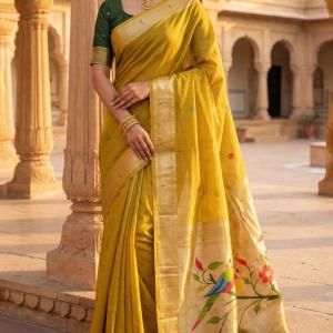 Majestic Yellow Munga Cotton Paithani Silk Saree With Grandiose Blouse Piece