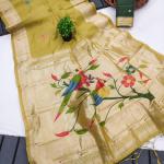 Majestic Yellow Munga Cotton Paithani Silk Saree With Grandiose Blouse Piece