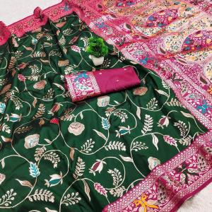 Marvellous Dark Green Paithani Silk Saree With Diaphanous Blouse Piece
