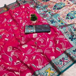 Glamorous Dark Pink Paithani Silk Saree With Twirling Blouse Piece