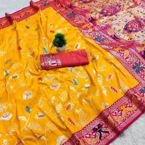 Ethnic Yellow Paithani Silk Saree With Ailurophile Blouse Piece