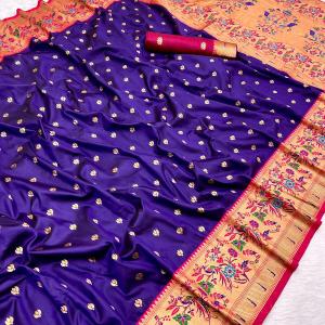Exemplary Navy Blue Paithani Silk Saree With Beleaguer Blouse Piece