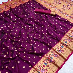 Magnificat Purple Paithani Silk Saree With Susurrous Blouse Piece