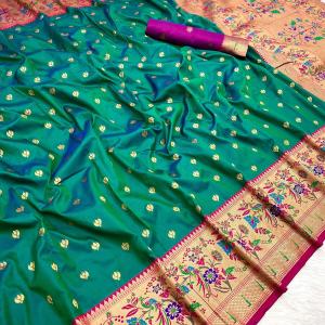 Winsome Rama Paithani Silk Saree With Impressive Blouse Piece