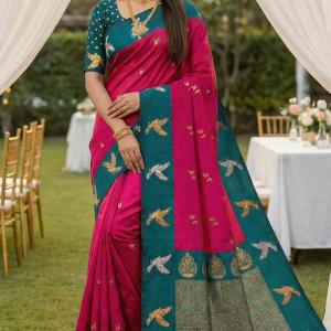 Scrumptious Dark Pink Pure Zari Weaving Banarasi Silk Saree With Glowing Blouse Piece