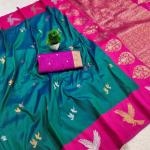 Gleaming Rama Pure Zari Weaving Banarasi Silk Saree With Moiety Blouse Piece