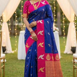 Woebegone Royal Blue Pure Zari Weaving Banarasi Silk Saree With Ephemeral Blouse Piece