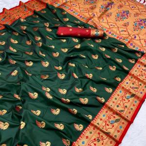Marvellous Dark Green Paithani Silk Saree With Arresting Blouse Piece