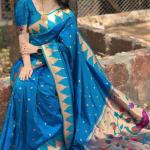 Verdant Firozi Paithani Silk Saree With Girlish Blouse Piece