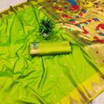 Pulsating Parrot Paithani Silk Saree With Enticing Blouse Piece